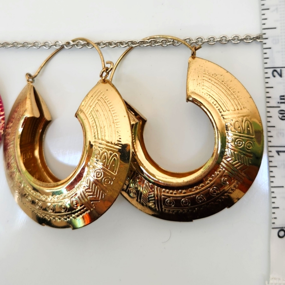 Boho Gypsy large gold tone etched hoops